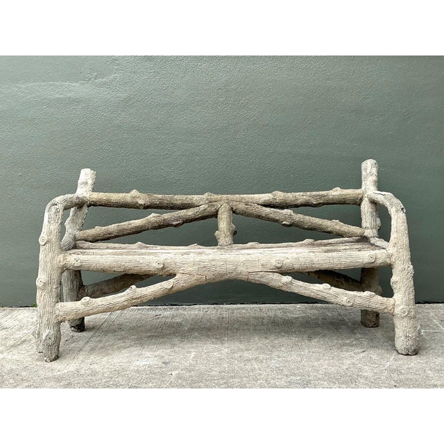 Rustic Vintage Faux Bois Concrete Garden Bench For Sale - Image 3 of 13