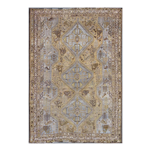 Hand Knotted Vintage Persian Shiraz Rug Tri-Medallion Design in Lavender and Olive 6'7 X 9'5 For Sale