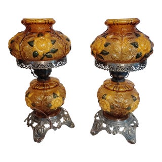 Pair of Vintage 1970 Ef & Ef Industries Hurricane Lamp Model 338 Amber Glass Yellow Rose For Sale