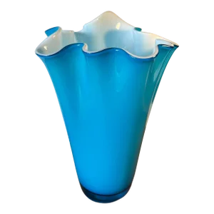 Vintage 16-In. Tall Art Glass Handkerchief Sky Blue Vase With White Cased Glass Interior
