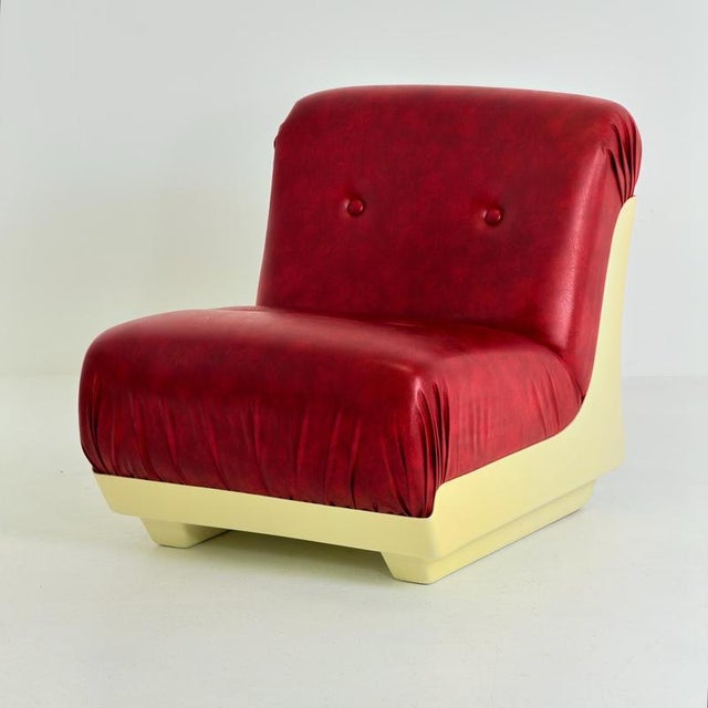 1 of 4 Mid-Century Space Age Lounge Chair, Red Leather & Cream Fiberglass Shell, 1970s Germany, Modular Vintage Armchair A...