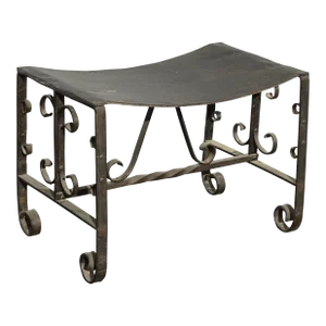 Vintage Spanish Style Wrought Iron Black Bench With a Metal Seat