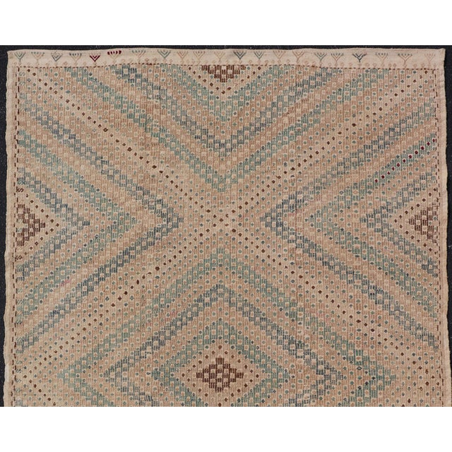 Diamond Design Vintage Turkish Embroidered Kilim in Tan, Cream, and Light Green For Sale - Image 4 of 13
