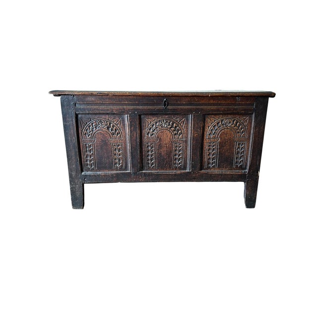 17th Century English Carved Oak Three-Panel Coffer, 1650 For Sale - Image 11 of 11