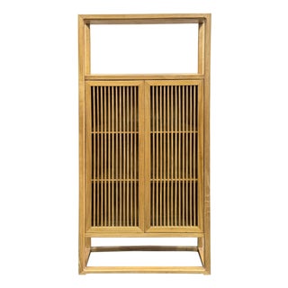 Light Brown Slatted Doors Display Storage Minimalist Zen Cabinet For Sale