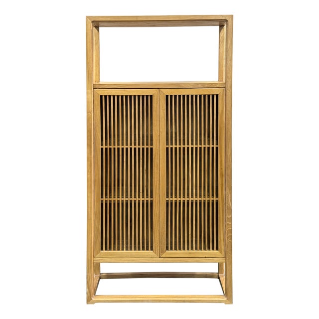 Light Brown Slatted Doors Display Storage Minimalist Zen Cabinet For Sale