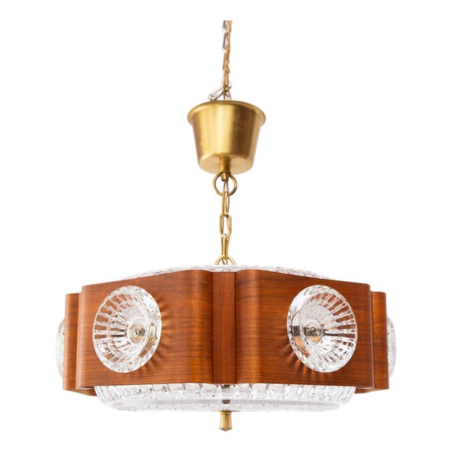 Swedish Pendant Lamp in Wood and Glass by Orrefors, 1960s For Sale