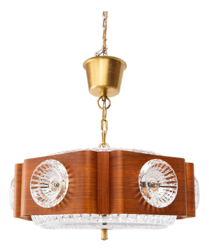 Swedish Pendant Lamp in Wood and Glass by Orrefors, 1960s