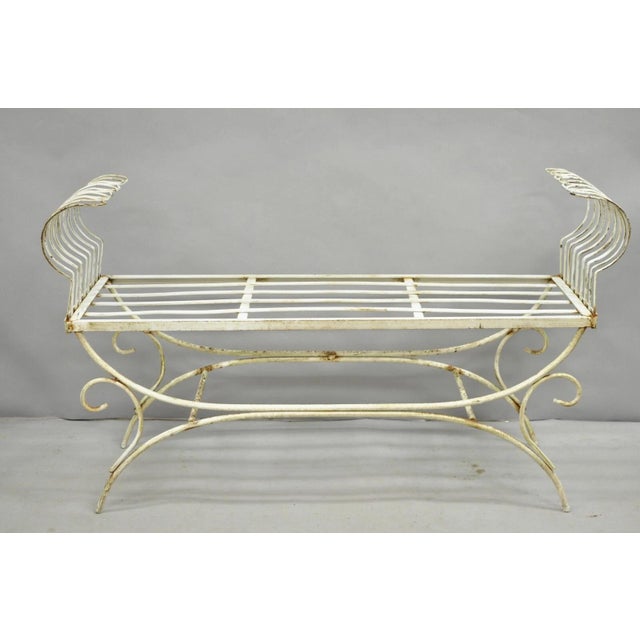 Mid 20th Century Vintage Hollywood Regency White Wrought Iron Curule X Frame Window Bench For Sale - Image 11 of 11