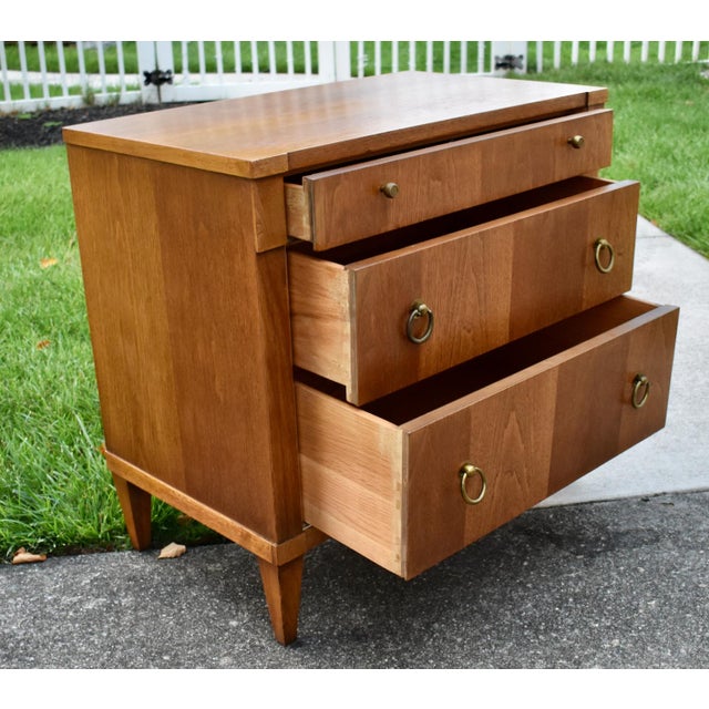 John Stuart Walnut Nightstand Mid Century Modern Vintage 3 Drawer Chest Brass For Sale - Image 13 of 15