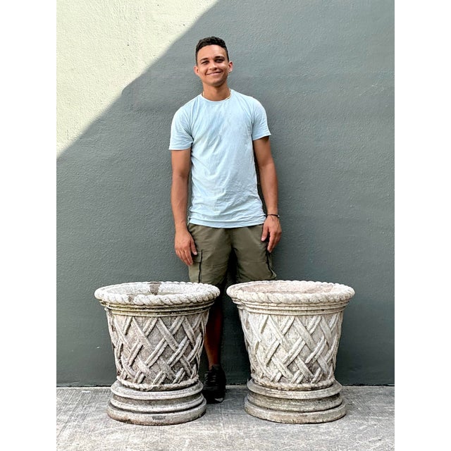 Vintage Cast Concrete Trellis Planters on Pedestals - A Pair For Sale - Image 12 of 12