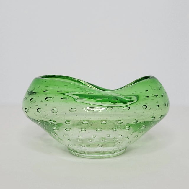 Mid-Century Modern Vintage MCM Kreiss Art Glass Green Controlled Bubble Molded Bowl Dish For Sale - Image 3 of 5