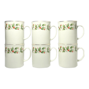 1980s Vintage Set of 6 Porcelain Gold Trim Christmas Holly Mugs