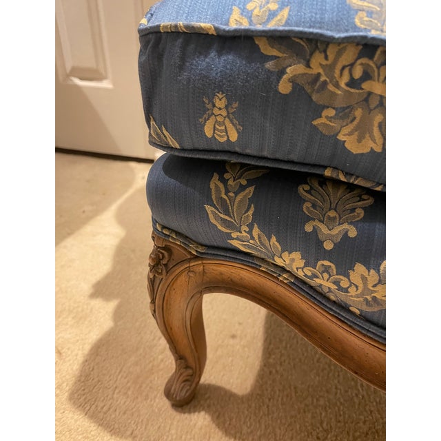 1910s Antique French Petite Bergere Covered in Neoclassical Design Fabric For Sale - Image 5 of 11