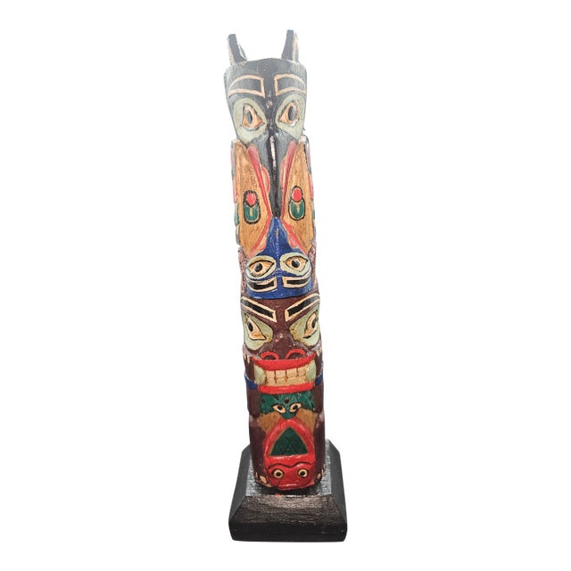 Vintage Hand-Carved Wooden Totem Pole, Not Signed For Sale
