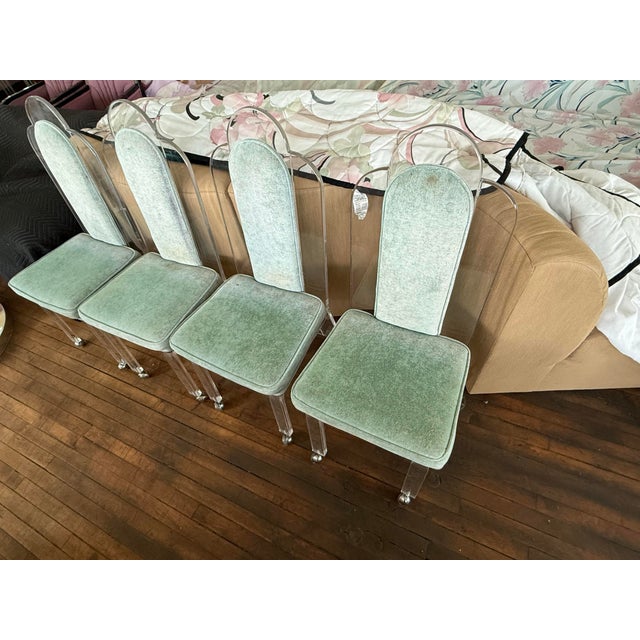 1970 Lucite Art Deco Shell Back Dining Chairs Set of 4. The original owner custom ordered this back in 1973, in Florida....