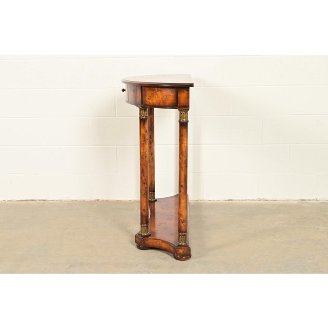 Maitland Smith Style French Empire Burl Wood and Gold Gilt Demilune Console Table For Sale - Image 13 of 16