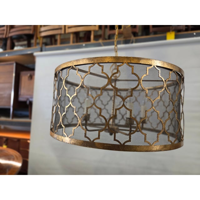 2000 - 2009 Vintage Drum Trellis Chandlier 5 Light Gold Leaf For Sale - Image 5 of 9