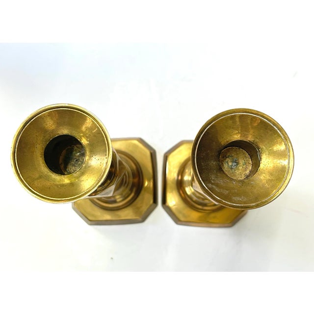 Brass Late 19th Century Antique King of Diamonds Brass Candlesticks English, a Pair For Sale - Image 8 of 9