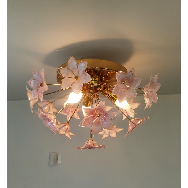 Murano Style Flush Mount Pink Flower Ceiling Light Glass Chandelier For Sale - Image 13 of 13