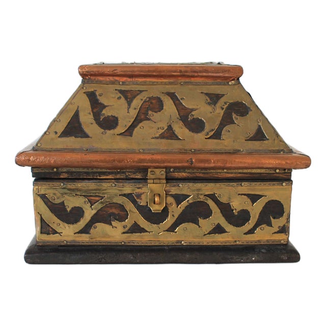 Vintage Wood, Brass & Copper Hinged Trinket Box For Sale