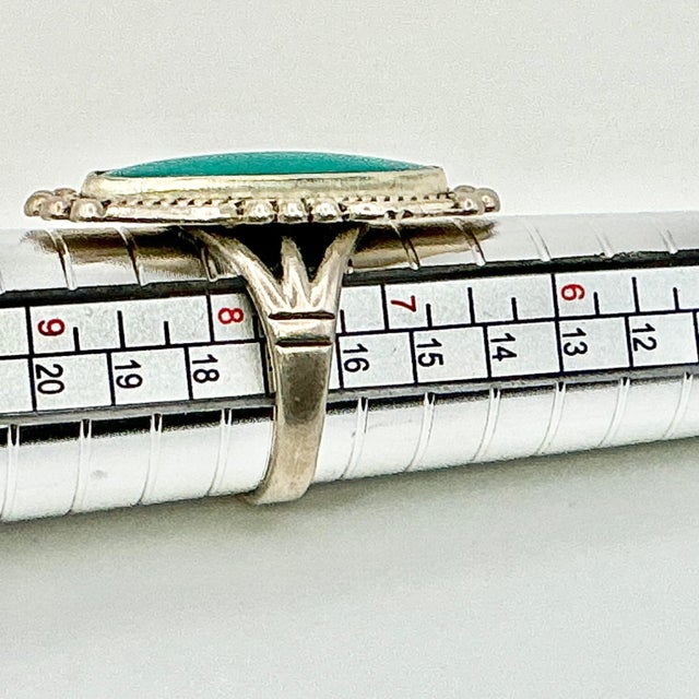 1970s Vintage Southwestern Navajo Elongated Oval Turquoise & Sterling Ring, Artist Signed, Size 7.75 For Sale - Image 9 of 9