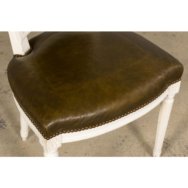 Antique French Louis XVI Style Painted Chairs With Olive Green Leather - A Pair For Sale - Image 16 of 18