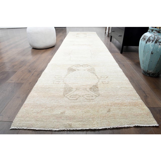1970s Vintage Turkish Handmade Wool Cotton Beige Runner Rug For Sale - Image 4 of 11