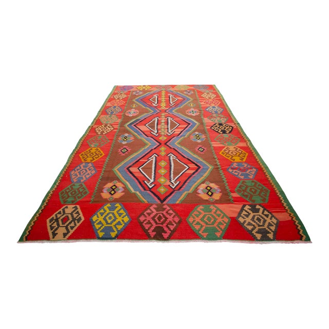 Vintage Handwoven Turkish Kilim Rug - 7′1″ X 13′1″ For Sale