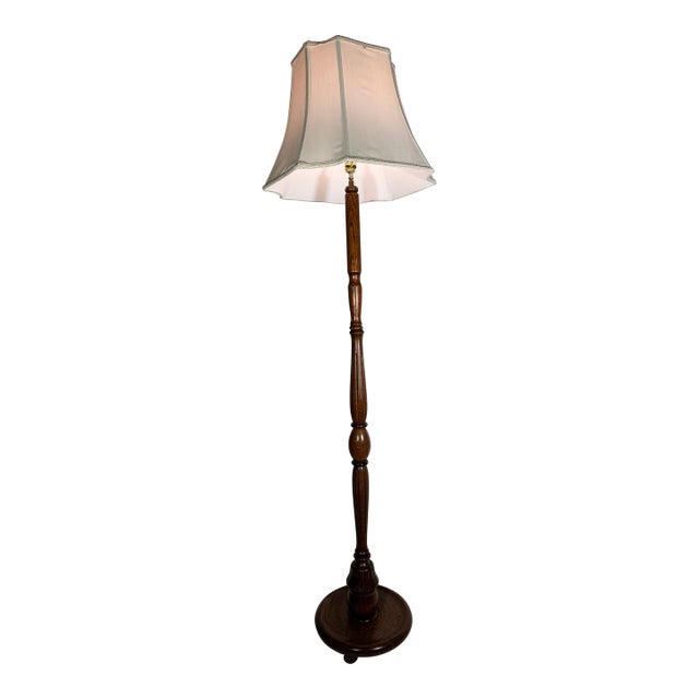 Vintage Carved Wood Floor Lamp With Pleated Fabric Shade For Sale