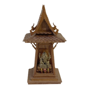 Vintage Thai Spirit House Hand Carved Teak Wood Buddhist Temple W/ Bronze Ganesh