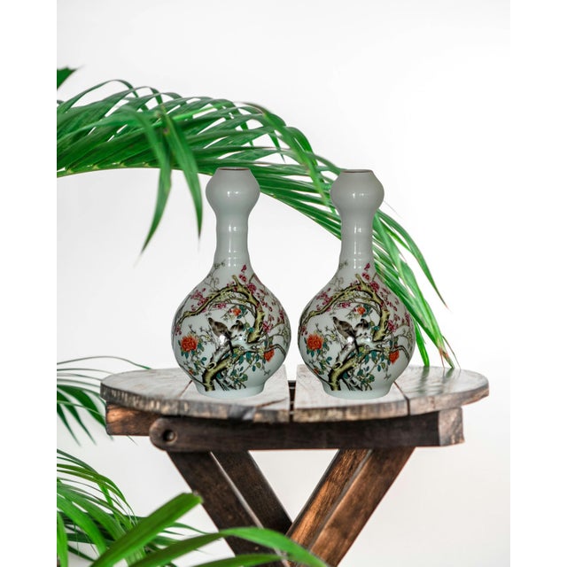 Famille Rose Chinese Fine White Porcelain Garlic Head Vases With Birds & Cherry Blossoms, a Pair For Sale - Image 10 of 14