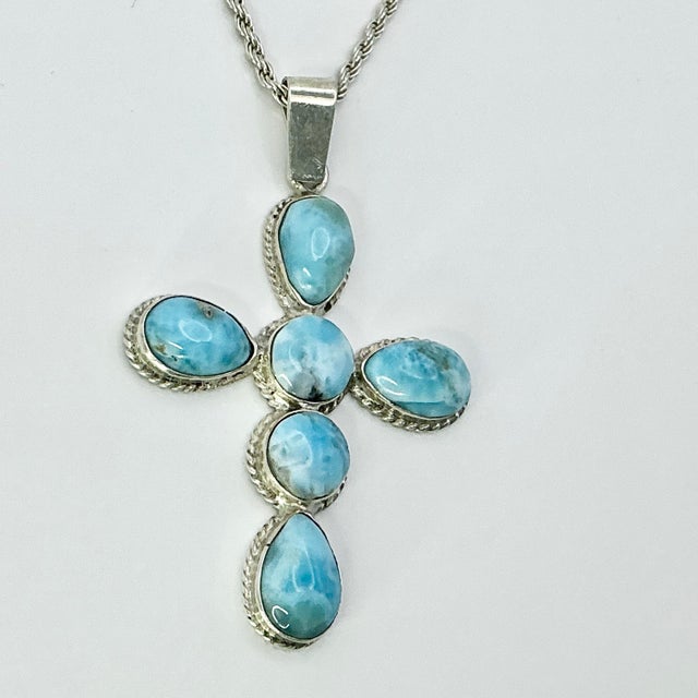 Sky Blue 1970s Vintage Southwestern Boho Chic Religious Blue Larimar & Sterling Cross Pendant Necklace - 23” For Sale - Image 8 of 15