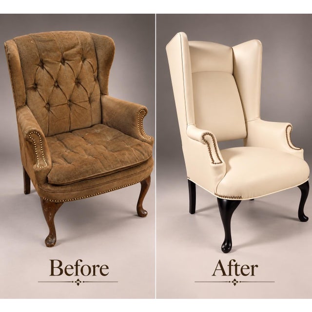 A classic Queen Anne Style Wingback Chair featuring from the original antique condition tufted upholstery, rolled arms...