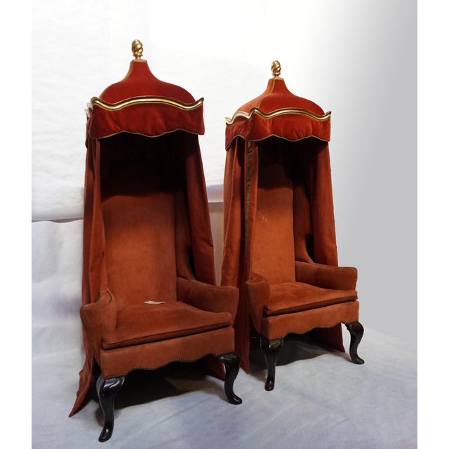 English Late 20th Century Pair of Tall Baldachin Wingback King Chairs For Sale - Image 3 of 18