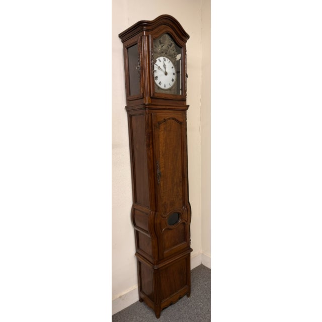 French Country Early 19th Century Louis XV Style Country French Walnut Tall Case Clock With Morbier Movement & Porcelain Dial For Sale - Image 3 of 12