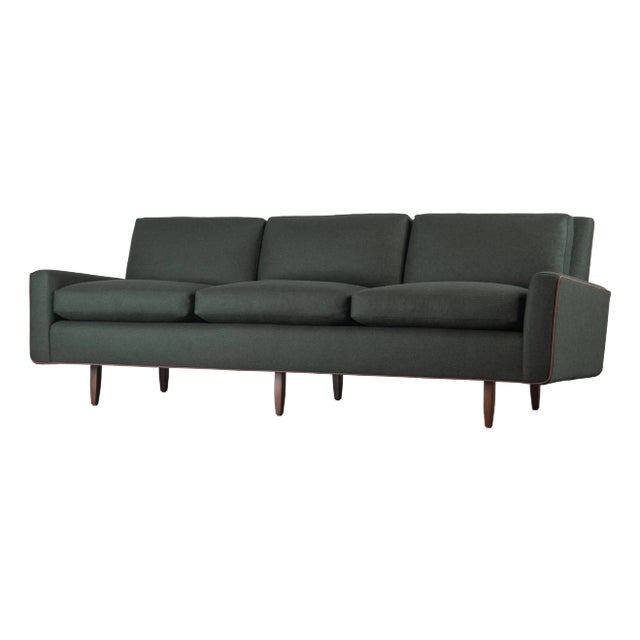 Florence Knoll "Model 26" Sofa in Forest Green British Wool & Leather Piping For Sale