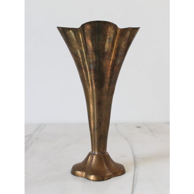Vintage Brass Fluted Trumpet Vase For Sale In Milwaukee - Image 6 of 9