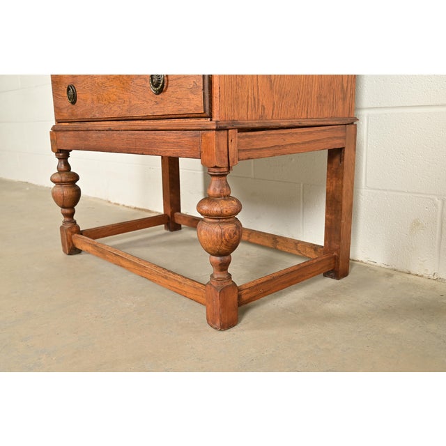 Antique English Art Deco Carved Oak Drop Front Secretary Desk With Leaded Glass Bookcase Hutch For Sale - Image 12 of 17