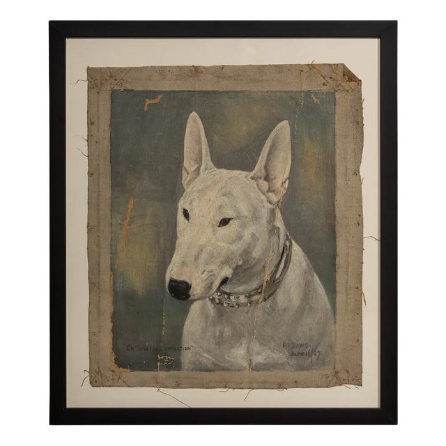 Frederick Thomas Daws, Antique English Bull Terrier, Oil on Canvas, 1920, Framed For Sale