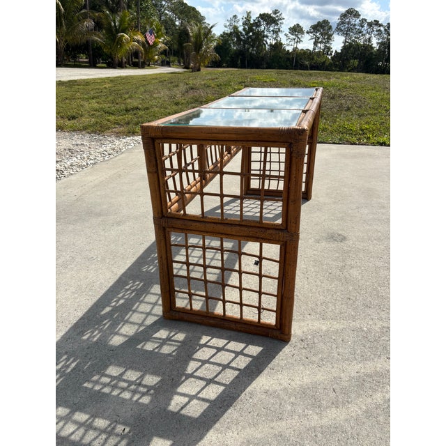 1970s Boho Chic Brown Lattice Rattan Rectangular Sofa Console Table With Glass Top For Sale - Image 9 of 12