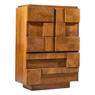 Lane Staccato Brutalist Mid Century Walnut Highboy Dresser For Sale