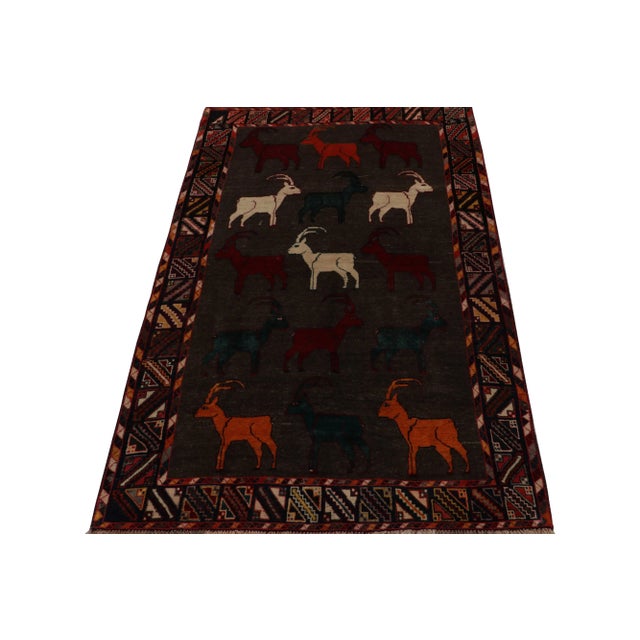 Tribal 1950s Vintage Gabbeh Tribal Rug in Brown With Multicolor Ram Pictorial Patterns For Sale - Image 3 of 8