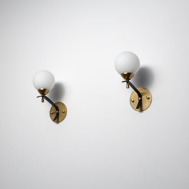 Metal Vintage Italian Wall Sconces in Brass and Opaline Glass Shade, 1950s, Set of 2 For Sale - Image 7 of 11