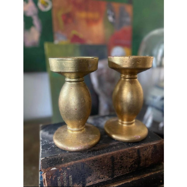 Ceramic Pair of Vintage Italian Gilt Ceramic Candlestick Holders For Sale - Image 7 of 10