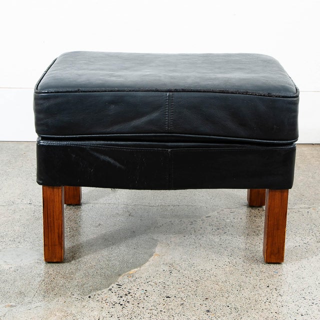 Mid-Century Modern 1960s Mid Century Danish Modern Ottoman Footstool Wood Black Leather Cushion MCM For Sale - Image 3 of 11