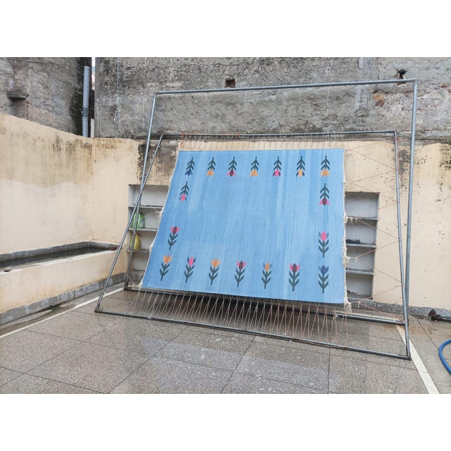 Handmade Cotton Vegetable Dyed Flat Weave Area Rug, Sky Blue Leaf Dhurrie - 8'x10' For Sale - Image 10 of 13