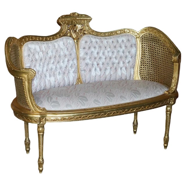 Antique Napoleon III Gold Giltwood Bergere Sofa Settee, 1870s For Sale