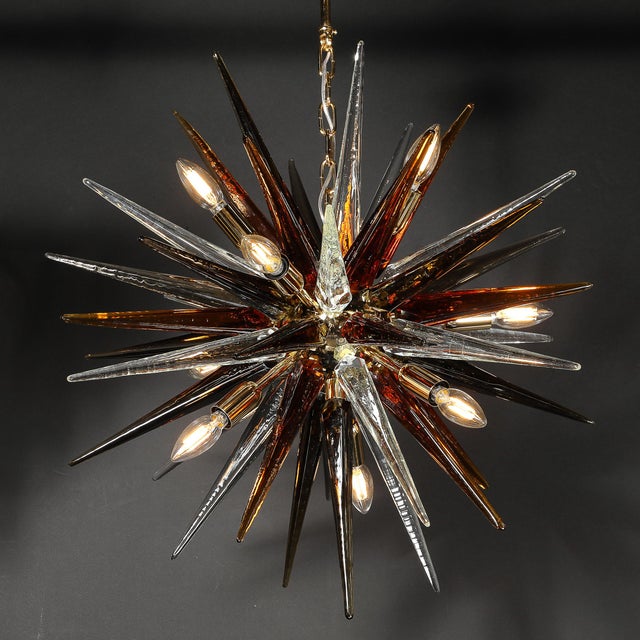 Modernist Mixed Hand-Blown Murano Glass Spike Form Sputnik Chandelier W/ Brass For Sale - Image 17 of 18