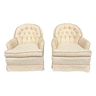 Pair of Tufted Button Back Swivel Chairs in a Cream Color With Brown Piping For Sale